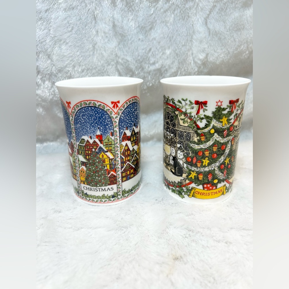 (2) DUNOON CERAMICS CHRISTMAS COFFEE MUGS CUPS SUE SCULLARD BONE CHINA ENGLAND